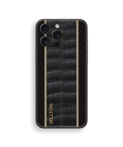 iPhone 16 Pro Max Customized Double Diamond Gold With Carbon Alligator Skin - Black